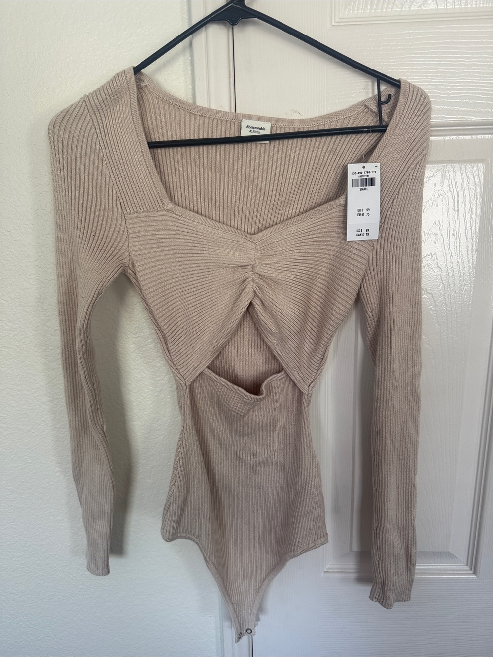 Abercrombie & Fitch Beige Ribbed Twist-Front Long-Sleeve Bodysuit